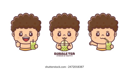 mascota de dibujos animados lindo con té de burbujas, ilustración de dibujos animados con diferentes poses y expresiones.