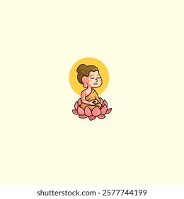 Cute cartoon mascot of Buddha meditating to welcome his devotees