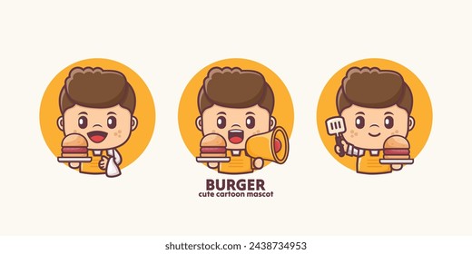 Cute cartoon mascot and Burger with different facial expressions and poses, collection of cute cartoons with outline concept