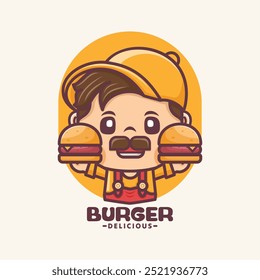 cute cartoon mascot with burger. Vector illustration for culinary business, brand logo, sticker, cartoon identity, icon, etc.