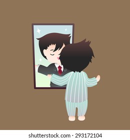 cute cartoon or mascot businessman practices personal work interview or seminar on mirror by himself