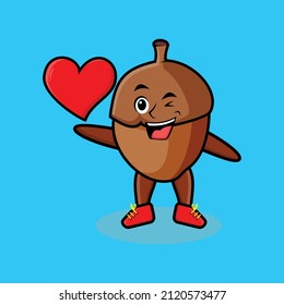 Cute cartoon mascot character acorn holding big red heart in modern style design