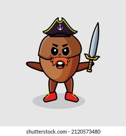 Cute cartoon mascot character acorn pirate with hat and holding sword in modern design for t shirt, sticker, logo element