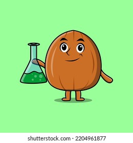 Cute cartoon mascot character almond nut as scientist with chemical reaction glass