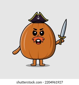 Cute cartoon mascot character almond nut pirate with hat and holding sword design