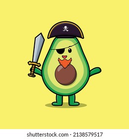 Cute cartoon mascot character avocado pirate with hat and holding sword in modern design