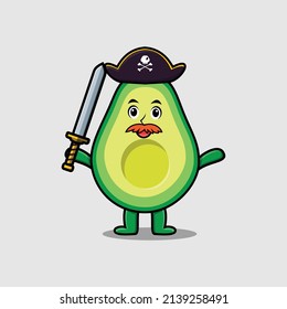 Cute cartoon mascot character avocado pirate with hat and holding sword in modern design
