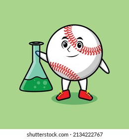 Cute cartoon mascot character baseball ball as scientist with chemical reaction glass