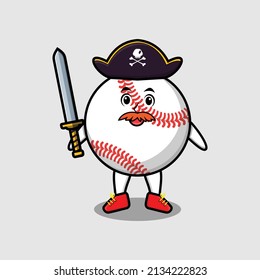 Cute cartoon mascot character baseball ball pirate with hat and holding sword in modern design