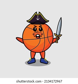 Cute cartoon mascot character basketball pirate with hat and holding sword in modern design