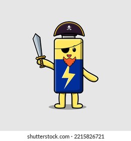 Cute cartoon mascot character Battery pirate with hat and holding sword in modern design