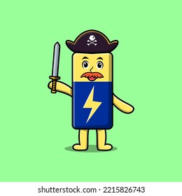 Cute cartoon mascot character Battery pirate with hat and holding sword in modern design
