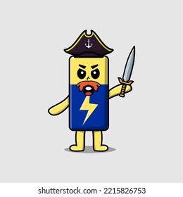 Cute cartoon mascot character Battery pirate with hat and holding sword in modern design