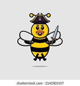 Cute cartoon mascot character bee pirate with hat and holding sword in modern design
