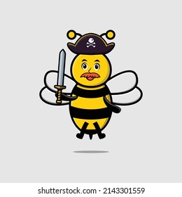 Cute cartoon mascot character bee pirate with hat and holding sword in modern design