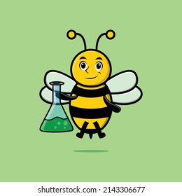 Cute cartoon mascot character bee as scientist with chemical reaction glass in cute modern style