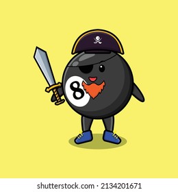 Cute cartoon mascot character billiard ball pirate with hat and holding sword in modern design