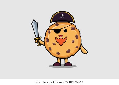 Cute cartoon mascot character Biscuits pirate with hat and holding sword in modern design