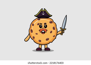Cute cartoon mascot character Biscuits pirate with hat and holding sword in modern design