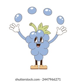 Cute cartoon mascot character blueberry juggle with its seeds vector illustration isolated on white. Retro groovy natural organic healthy food vegetables fruit print poster postcard design. Hand drawn