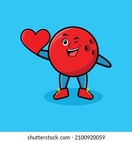 Cute cartoon mascot character bowling ball mascot holding big red heart in modern style design for t-shirt, sticker, and logo element