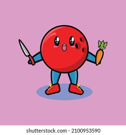 Cute cartoon mascot character bowling ball holding knife and carrot in modern style design for t-shirt, sticker, logo element
