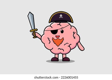 Cute cartoon mascot character Brain pirate with hat and holding sword in modern design