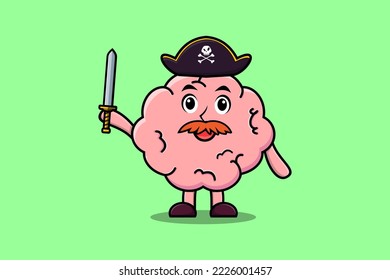 Cute cartoon mascot character Brain pirate with hat and holding sword in modern design