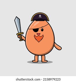Cute cartoon mascot character brown cute egg pirate with hat and holding sword in modern design