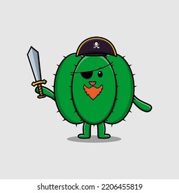 Cute cartoon mascot character cactus pirate with hat and holding sword in modern design