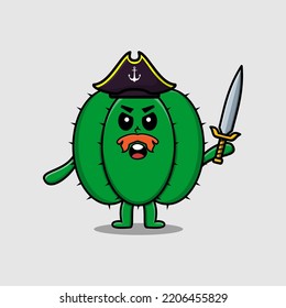 Cute cartoon mascot character cactus pirate with hat and holding sword in modern design