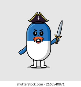 Cute cartoon mascot character capsule medicine pirate with hat and holding sword in modern design