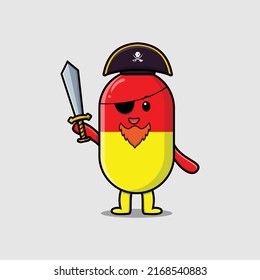 Cute cartoon mascot character capsule medicine pirate with hat and holding sword in modern design