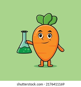 Cute cartoon mascot character carrot as scientist with chemical reaction glass in cute modern style