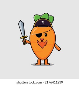 Cute cartoon mascot character carrot pirate with hat and holding sword in modern design