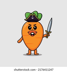 Cute cartoon mascot character carrot pirate with hat and holding sword in modern design