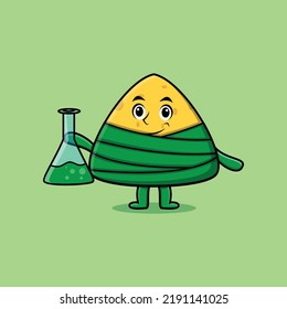 Cute cartoon mascot character chinese rice dumpling as scientist with chemical reaction glass
