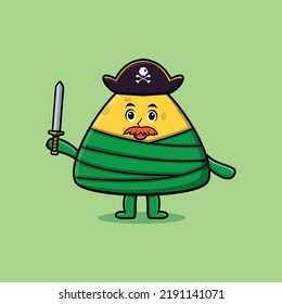 Cute cartoon mascot character chinese rice dumpling pirate with hat and holding sword
