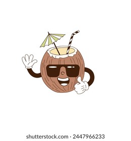 Cute cartoon mascot character coconut shell in sunglasses with cocktail umbrella vector illustration isolated on white. Retro groovy natural organic healthy food vegetables fruit print poster postcard