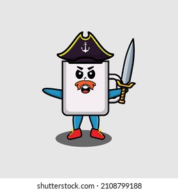 Cute cartoon mascot character coffee tea cup pirate with hat and holding sword in modern design for t shirt, sticker, logo element