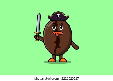 Cute cartoon mascot character Coffee beans pirate with hat and holding sword in modern design