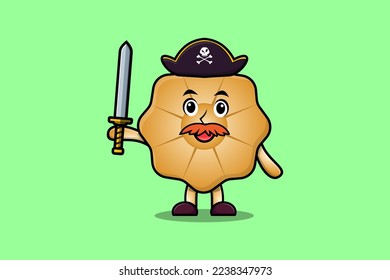Cute cartoon mascot character Cookies pirate with hat and holding sword in modern design