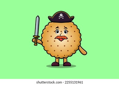 Cute cartoon mascot character Cookies pirate with hat and holding sword in modern design