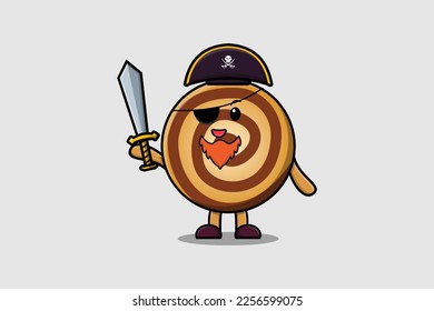 Cute cartoon mascot character Cookies pirate with hat and holding sword in modern design