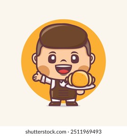 Cute cartoon mascot character with croissant. Vector illustration in outline style.