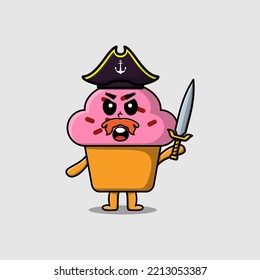 Cute cartoon mascot character Cupcake pirate with hat and holding sword in modern design