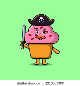 Cute cartoon mascot character Cupcake pirate with hat and holding sword in modern design