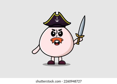 Cute cartoon mascot character Dim sum pirate with hat and holding sword in modern design
