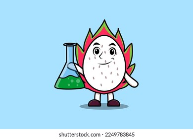 Cute cartoon mascot character Dragon fruit as scientist with chemical reaction glass