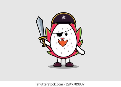 Cute cartoon mascot character Dragon fruit pirate with hat and holding sword in modern design